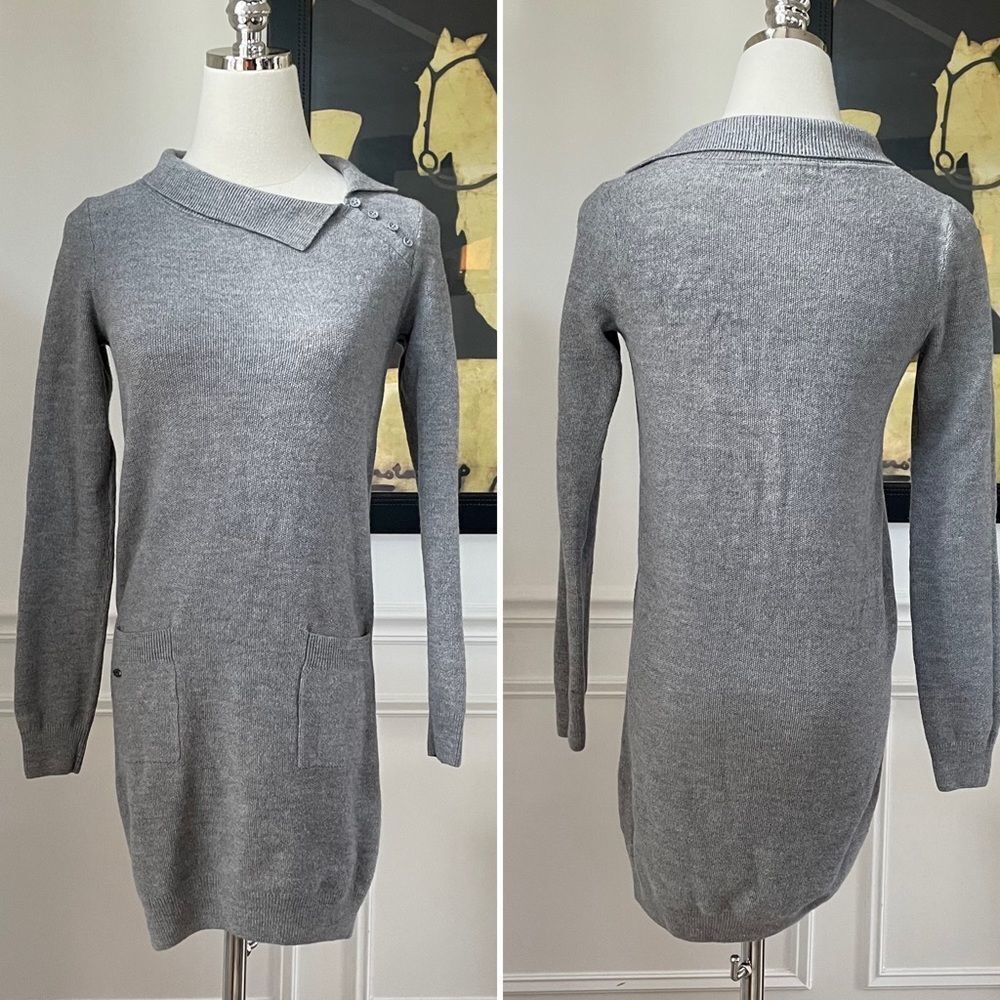 Lacoste Devanlay Long Sleeve Knit Sweater Dress Button Cowl Collar Grey 36 XS